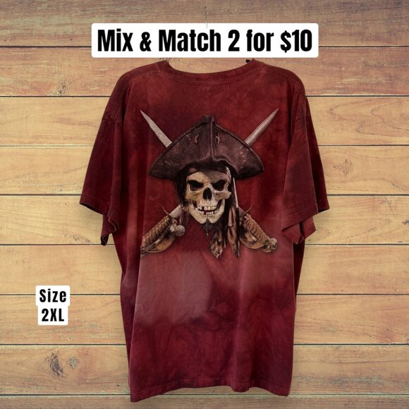 The Mountain Other - Mens Tie Dye Pirate Skull Deep Red Short 100% Cotton Sleeve Tee Size 2XL